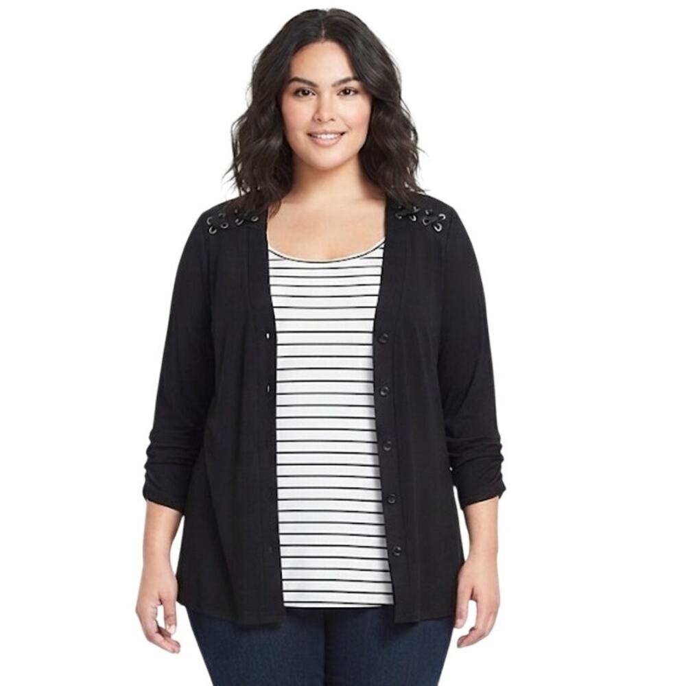 Black Layered Cardigan With Striped Attached Tee Large